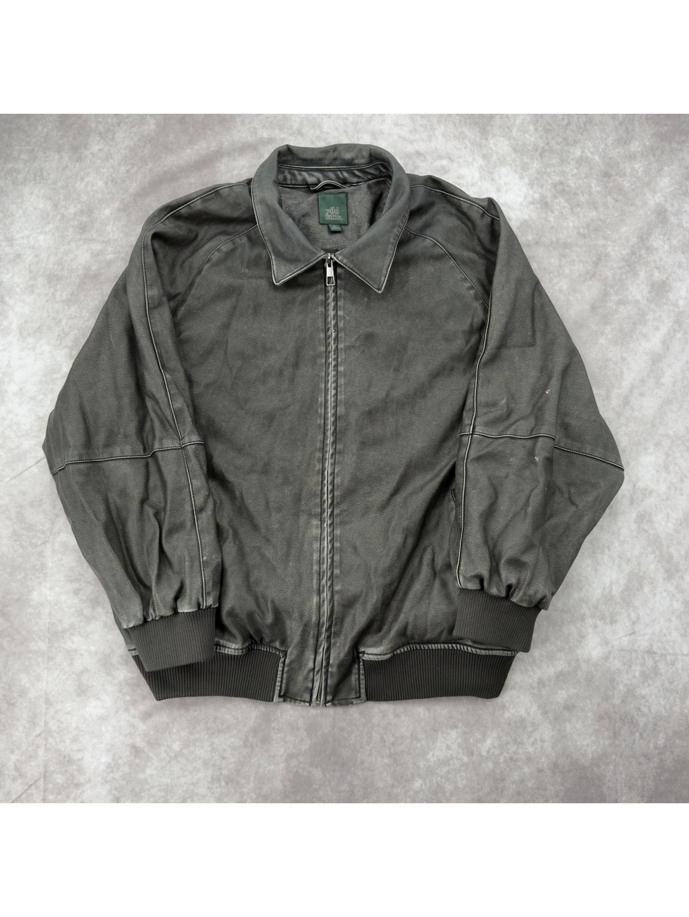 Distressed Faux Leather Bomber Jacket Oversized L Grey Collared Zip Up